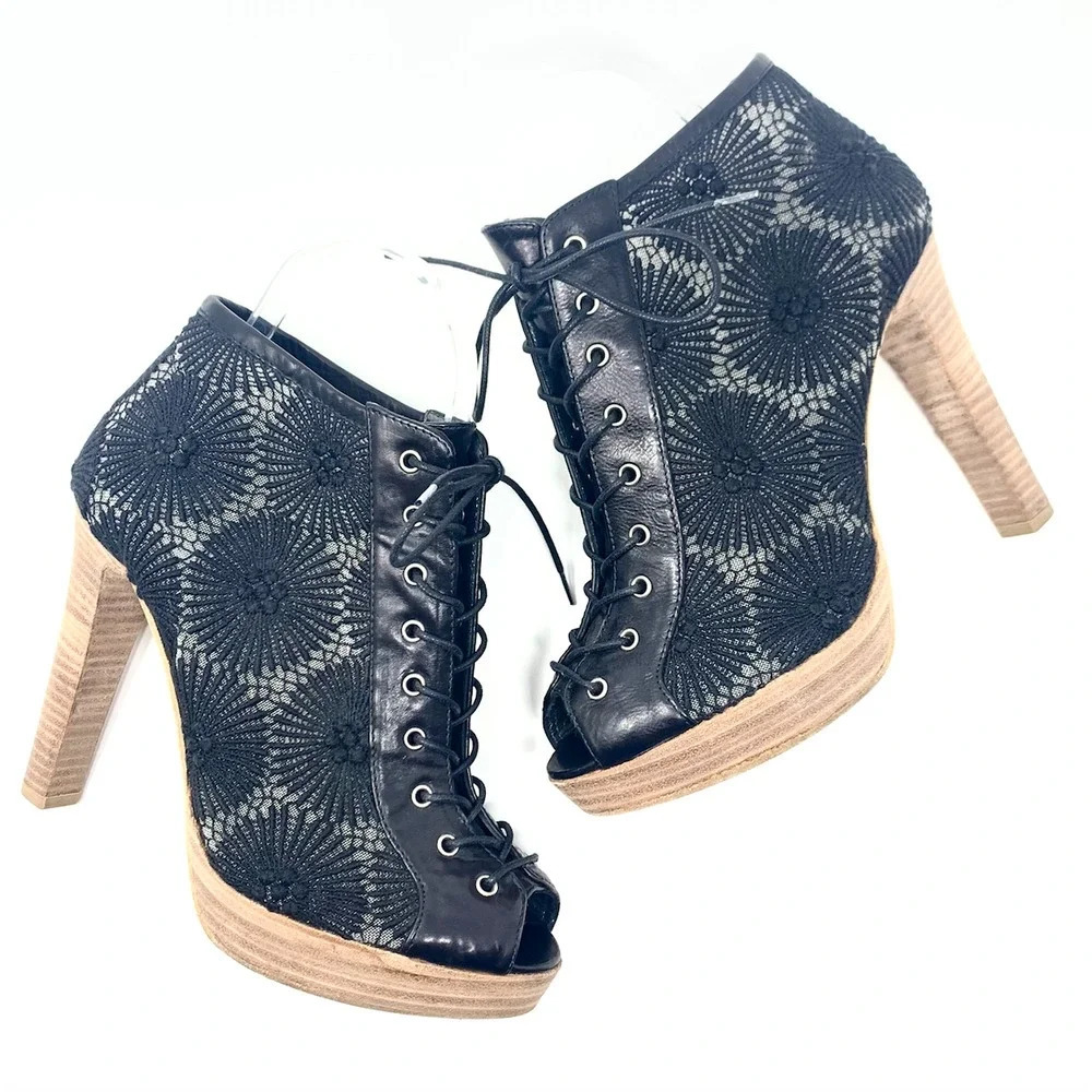 Stuart Weizeman Black‎ Lace-Up Floral Heel Booties